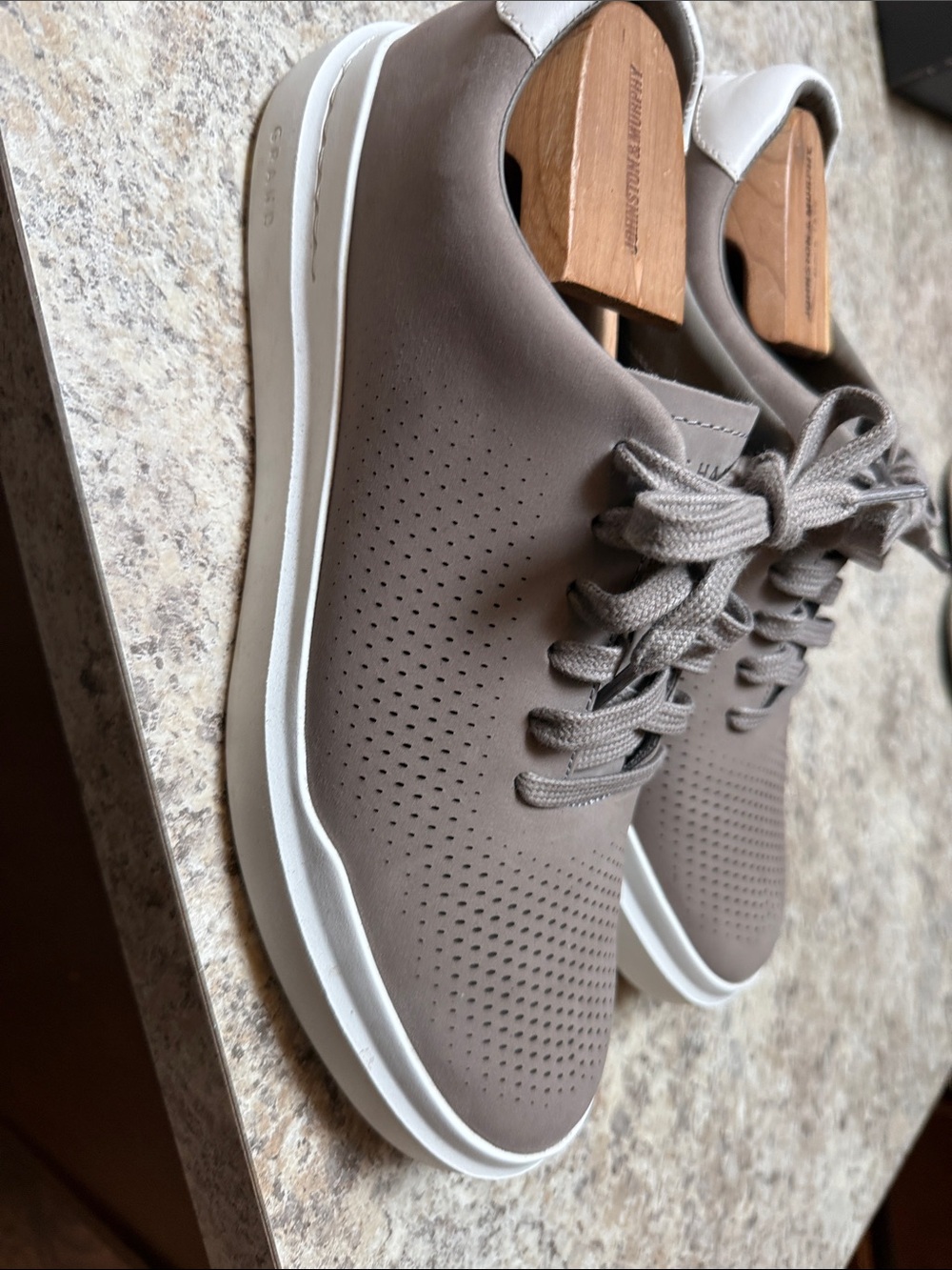 Cole Haan Perforated Taupe Sneakers with White Sole - Picture 3 of 5